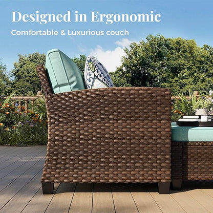 Patio Furniture Set, 7 Pcs Wicker Rattan Outdoor Conversation Set, 2 x Leg Chairs, 1 x 3 Seater Sofa, 1 x 2-Seat Lover Sofa and 2 x Ottomans with 4" Thick Cushion and 32" Fire Pit Table, Blue