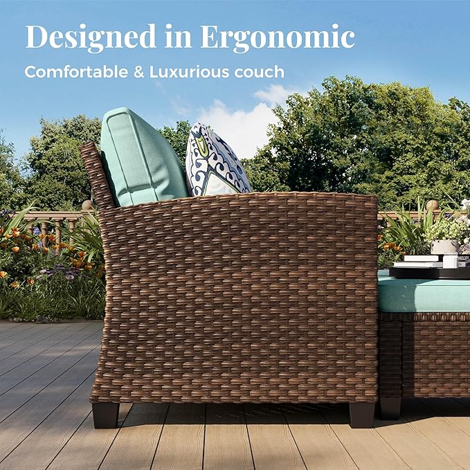 Patio Furniture Set, 6 Pcs Wicker Rattan Outdoor Conversation Set, 2 x Leg Chairs, 1 x 3 Seater Sofa and 2 x Ottoman with 4" Thick Cushion and 32" Fire Pit Table, Blue