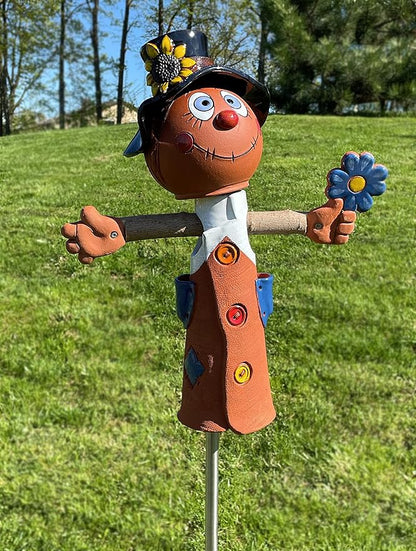 Ceramic Garden Decor - Scarecrow Lawn stake - Outdoor statue - Perfect, unique gifts for gardeners woman, men, yard gifts - Handmade, Frostproof