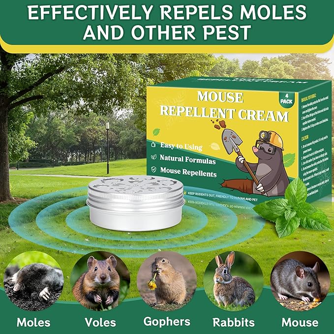 4-Pack Rodent Mouse Repellent Ointment – Natural Peppermint Mice & Moles Deterrent Paste for Garden & Lawn – Humane, Easy-Apply Formula for Long-Lasting Mole Gopher Control
