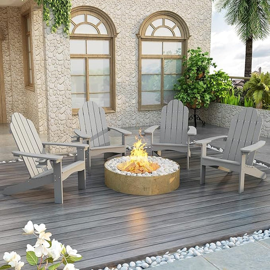 LUE BONA HDPS Adirondack Chairs Set of 4, Fire Pit Outdoor Chair Weather Resistant with Cup Holder, Modern Plastic Chair Plastic for Patio, Deck, Proch, 350LBS, Gray