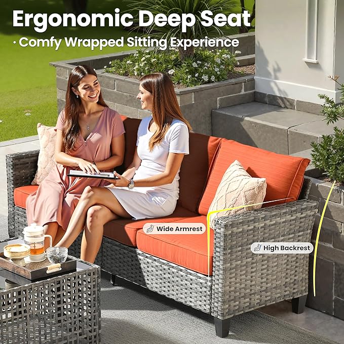 ovios 4 Pieces Patio Furniture Set Outdoor Sofa Couch with Solar Lights Table Comfy Cushions, Modern Deep Seat Wicker Rattan Conversation Set for Porch Deck, Orange Red