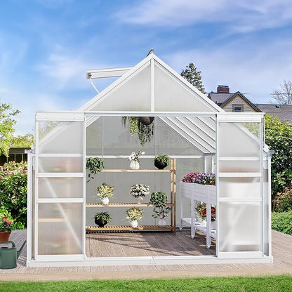 YITAHOME 8x12FT Polycarbonate Greenhouse for Outdoors, Large Heavy Duty Aluminum Greenhouses with Sliding Doors and Vent Window, Walk-in Greenhouse for Garden Backyard, Simple Setup, Silver