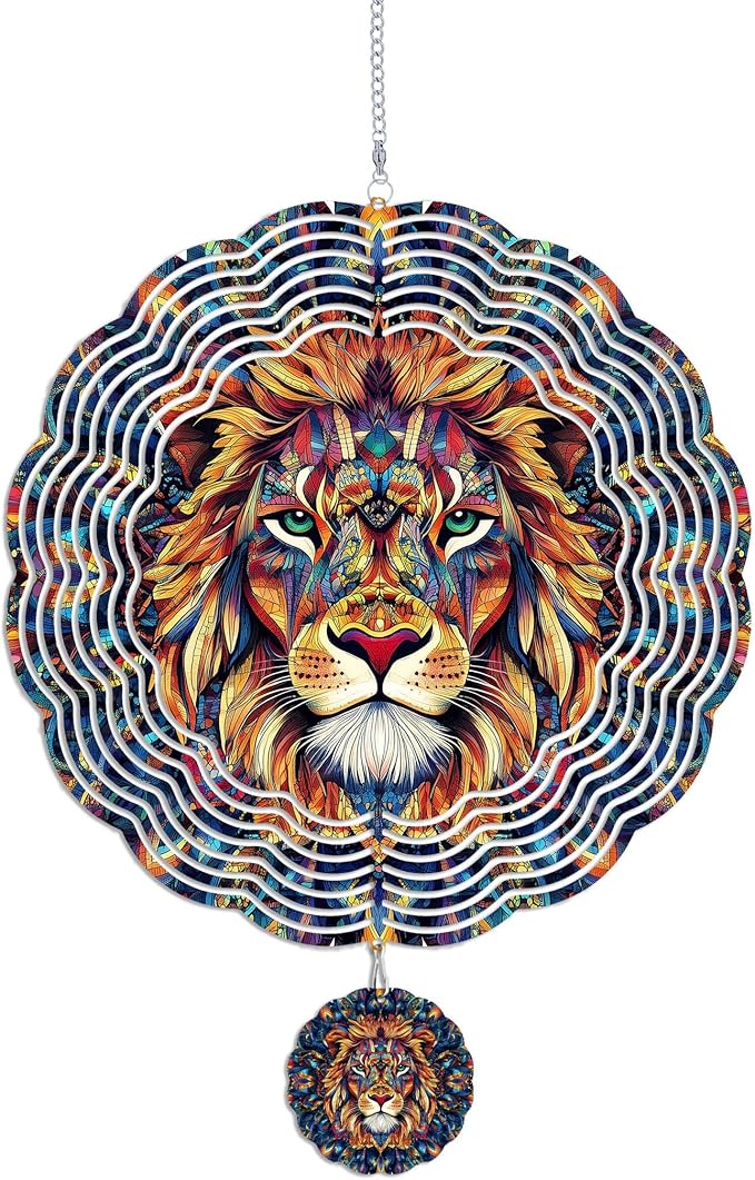 Wind Spinners Outdoor, Vintage Indian Lion 3D Stainless Steel Wind Sculpture Spinner for Garden Outside Hanging Decor Mother's Day Christmas Birthday Gifts for Women Men Mom Nana 9.8 in