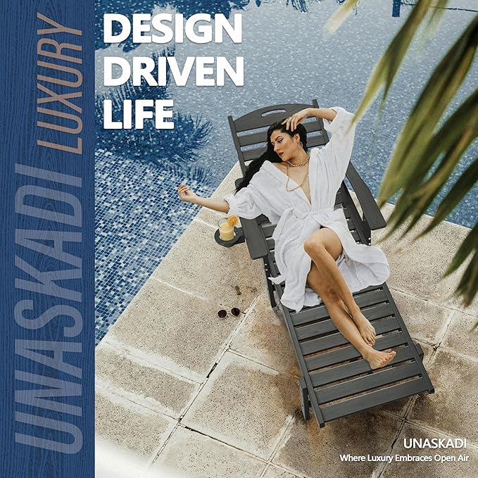 Patio Chaise Lounge Chair Set of 4, HDPE Outdoor Lounge Chairs with 5-Position Adjustable Backrest, Cup Holder and Wheels, 450lbs Capacity for Poolside Deck Backyard, All Weather Material(Gray)