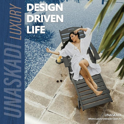 Patio Chaise Lounge Chair Set of 4, HDPE Outdoor Lounge Chairs with 5-Position Adjustable Backrest, Cup Holder and Wheels, 450lbs Capacity for Poolside Deck Backyard, All Weather Material(Gray)