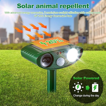 2 Pack Solar Animal Repeller for Raccoons, Deer & Squirrels - Ultrasonic & Strobe Light, Outdoor Deterrent for Cats, Dogs, Raccoons, Rabbits, Skunks, Foxes & More