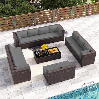 Outdoor Patio Furniture Set with Propane Fire Pit Table, 15 Pieces Furniture Patio Sectional Sofa Conversation Sets w/ETL Approved 43" Gas Outdoor Fire Table & Coffee Table(Grey)