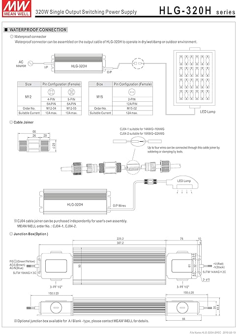 MEAN WELL HLG-320H-42B Switching LED Driver Power Supply, Current Adjustable by Output Cable, 42 Volt, 7650 mA, 321 Watt
