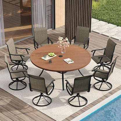 VICLLAX Patio Dining Set for 8, 9 Pieces Outdoor Furniture Includes 60" Round Patio Table with Umbrella Hole and 8 Outdoor Swivel Chairs for Lawn Garden, Walnut Tabletop and Mixed Brown Fabric