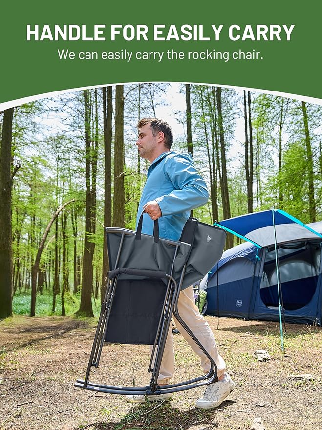 TIMBER RIDGE Folding Oversized Rocking Camping Chair, 400lbs Capacity Portable Outdoor Rocker with Hard Armrests, Cup Holder & Side Pocket, Quick-Fold Design for Outdoor, Patio, Lawn, Grey