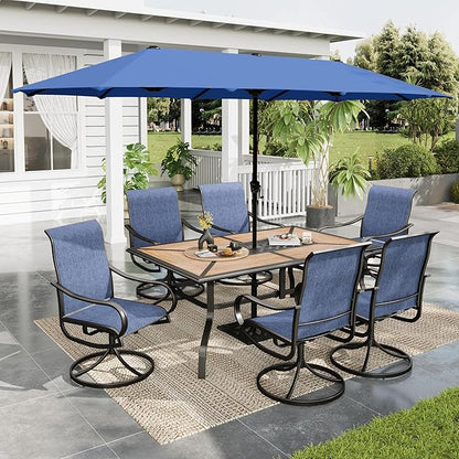 Sophia & William Patio Set with Umbrella Patio Dining Set for 6 with 13ft Rectangle Patio Umbrella Navy, 6 x Patio Chairs Blue, 1 Wood Like Outdoor Dining Table with Umbrella Hole for Lawn Garden