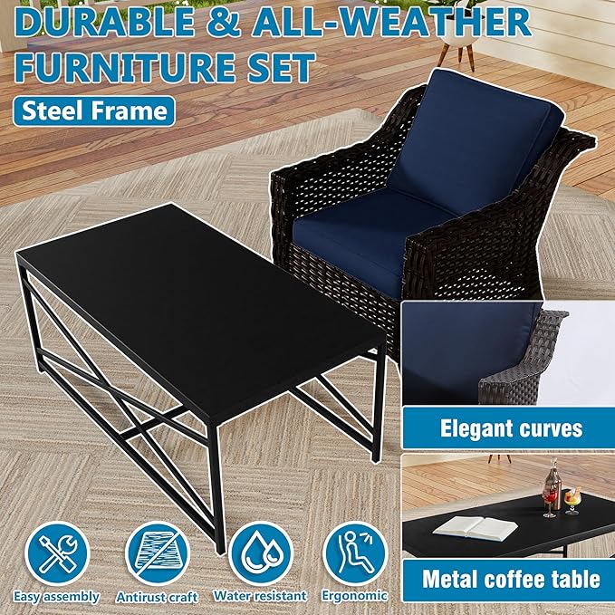 Vista Vibe 4 Pieces Outdoor Patio Conversation Furniture Set - 78" 3-seat Sofa | 2 Chairs | Metal Coffee Table, Deep Seat Loveseat, Removable Cushions, PE Rattan Couch, Lawn (Brown/Navy)