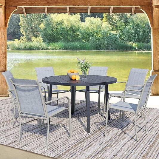 7 Pieces Round Dining Table Set for 6, Patio Dining Set Includes 6 Beige Blue Stackable Patio Chairs and 1 Black Round Table Set of 6, Patio Furniture Sets with Sling Support for Outside, Garden