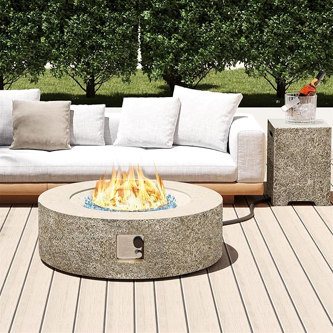 UPHA 42-inch Outdoor Propane Gas Fire Pit Table 50000 BTU Concrete Round FirePit for Outside Patio with Propane Tank Cover, Blue Glass Rocks, Rain Cover, Beige Texture