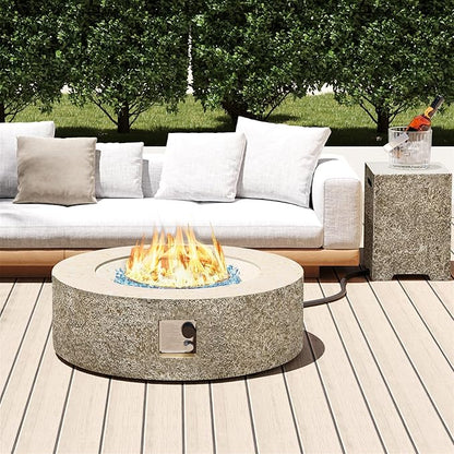 UPHA 42-inch Outdoor Propane Gas Fire Pit Table 50000 BTU Concrete Round FirePit for Outside Patio with Propane Tank Cover, Blue Glass Rocks, Rain Cover, Beige Texture