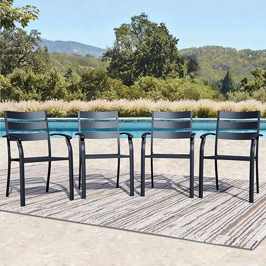 Patio Dining Chairs Set of 4, Black Stackable Outdoor Dining Chairs with Armrest and Wide Back, Wrought Iron Patio Furniture Chairs for Lawn, Backyard, Garden & Deck, Supports 300 LBS