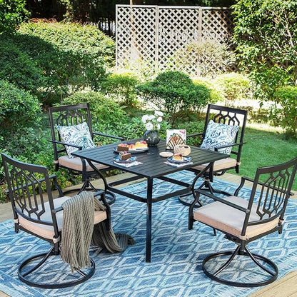 PHI VILLA 5-Piece Outdoor Dining Set, 4 Steel Metal Swivel Patio Chairs & 1 Square Dining Table, Paperclip Pattern Back, Classic Black
