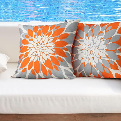 Qahing Pack of 4 Fall Outdoor Waterproof Pillow Covers 16x16 Decorative Outdoor Throw Pillows Garden Square Cushion Cases for Patio Furniture, Couch, Tent Sunbrella, Bench, Orange Grey