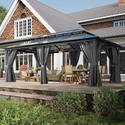 Aoxun 12'x20' Hardtop Gazebo, Aluminum Frame Permanent Pavilion with Curtains and Netting, Outdoor Polycarbonate Double Roof Canopy, Designed for Garden, Lawns, Patio, Gray