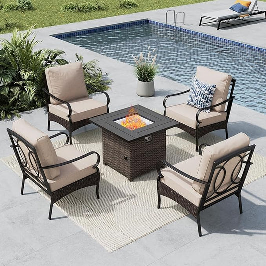 MFSTUDIO 5 Pieces Outdoor Patio Furniture Set, Metal Outdoor Conversation Sofa, Rattan Wicker Patio Sectional Sofa Set with 4 x Fixed Single Sofa, 1 x Fire Pit Table, Beige
