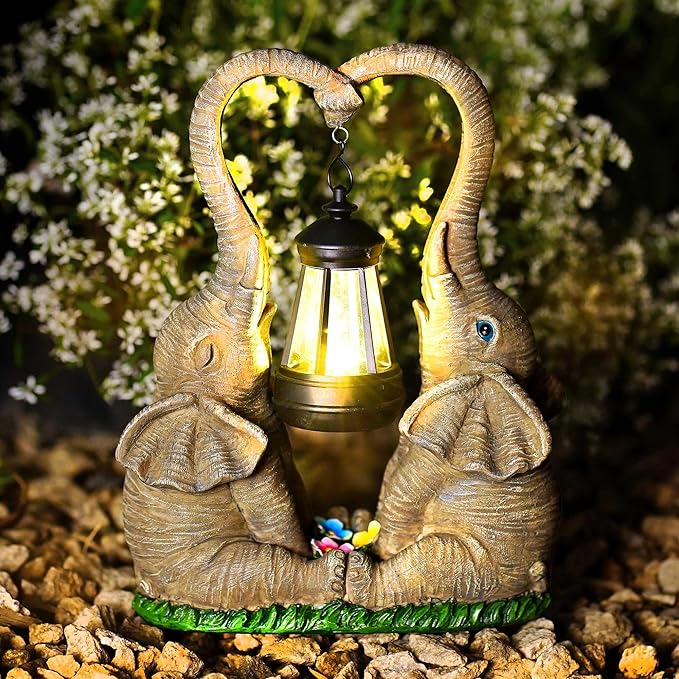 Elephant Statue Garden Decor with LED Solar Lights-Set of 2 Good Luck Elephant Outdoor Statue Christmas Decorations for Yard Patio,Porch,Home -Mothers Day Gifts for Women, Mom, Grandma