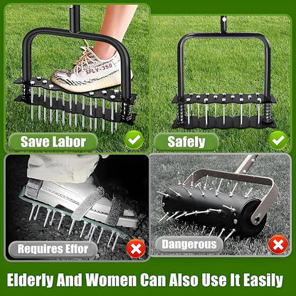 Manual Aerator Lawn Tool with Spring Base and 14 Steel Spike,Automatic Dirt and Leaf Clean,Grass Aerator for Loosening Soil in Yard, Gardan, Patio, Pre-Assembled Lawn Aerator Installation Kit
