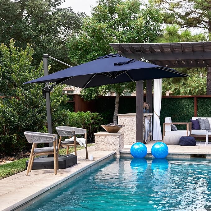 PURPLE LEAF 8' X 8' Patio Umbrella with Base for Pool 7' High Offset Outdoor Cantilever Umbrella Swimming Pool Umbrella with 360°Rotation for Poolside Navy Blue