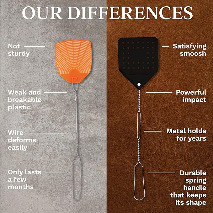 Leather Fly Swatter Set (1 Pack) – 17” Amish-Made Fly Swat w/Real Leather Paddle – Fly Swatters Multi Pack w/Metal Handle – Bug Swatter, Mosquito Swatter, Wasp Swatter (Black)