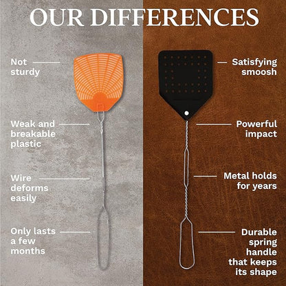 Leather Fly Swatter Set (2 Pack) – 17” Amish-Made Fly Swat w/Real Leather Paddle – Fly Swatters Multi Pack w/Metal Handle – Bug Swatter, Mosquito Swatter, Wasp Swatter (Black)