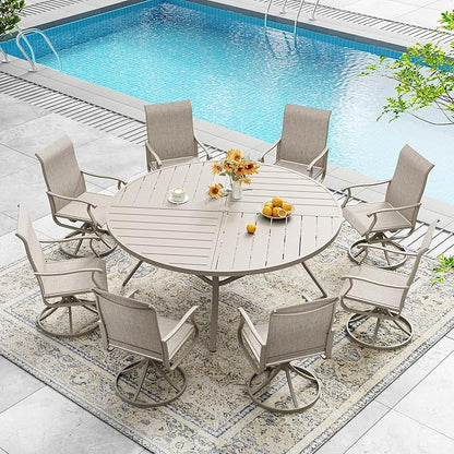 DIFY 59.8" Round Outdoor Patio Dining Table for 8-10, All-Weather Metal Steel Slatted Patio Table with 1.57" Adjustable Umbrella Hole, for Lawn Garden Porch Backyard, Sandshell