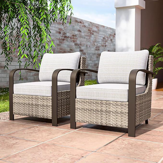 COOS BAY Aurora Terrace Outdoor Chairs with Cushions, Wicker Dining Set with Deep 4-Inch Seating, Modern Curved Armrest Porch Chairs, Set of 2, Beige/Beige