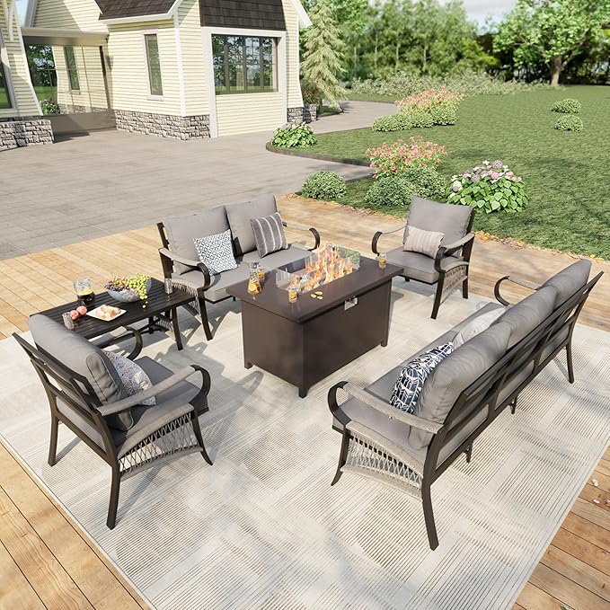 6 Pieces Patio Conversation Sets, All Weather Metal Outdoor Furniture Set, 3-Seater, 2 Single Chairs, 1 Loveseat, 1 Coffee Table, 1 Fire Pit Table for Backyard Garden Deck Porch Poolside, Gray