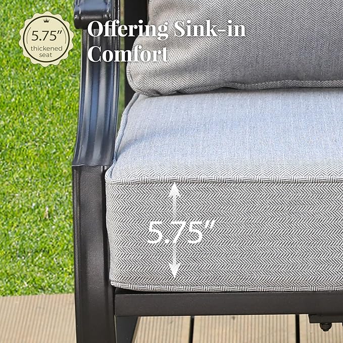Patio Furniture Set 6 pcs, Outdoor Patio Furniture, 1 X 3-Seat Sofa, 2 X Single Chairs, 2 X Rocker Chairs, 1 X Coffee Table and 5.75" Extra Thick Cushion, Patio Conversation Set,Grey