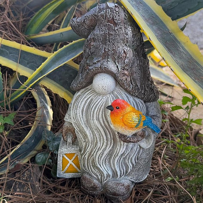 Mood Lab Garden Gnome - Stone Gnome Figurine - 9.1 Inch Tall Lawn Statue with Bird - for Outdoor or House Decor
