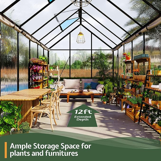 Jocisland 6x12Ft Polycarbonate Greenhouses for Outdoors, 2 Top-Opening Windows, Swing Doors, Aluminum Walk-in Heavy Duty for Outdoor Use, Backyard Garden, Black