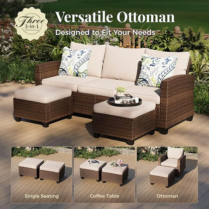 Patio Furniture Set, 6 Pcs Wicker Rattan Outdoor Conversation Set, 2 x Leg Chairs, 1 x 3 Seater Sofa and 2 x Ottoman with 4" Thick Cushion and 32" Fire Pit Table, Beige