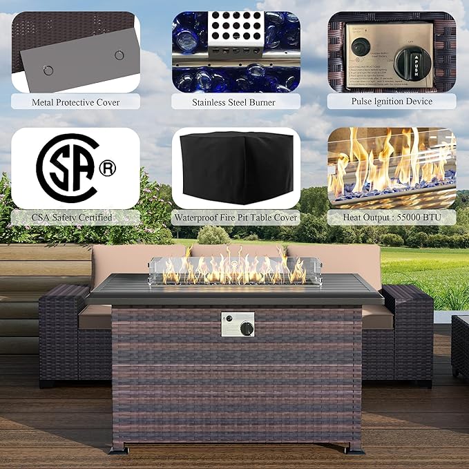Outdoor Patio Furniture Set with Propane Fire Pit Table, 7 PCS Outdoor Furniture Patio Sectional Sofas Conversation Sets w/ETL Approved 43" Gas Outdoor Fire Table & Coffee Table Brown.