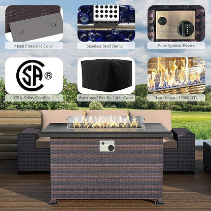 Outdoor Patio Furniture Set with Propane Fire Pit Table, 7 PCS Outdoor Furniture Patio Sectional Sofas Conversation Sets w/ETL Approved 43" Gas Outdoor Fire Table & Coffee Table Brown.