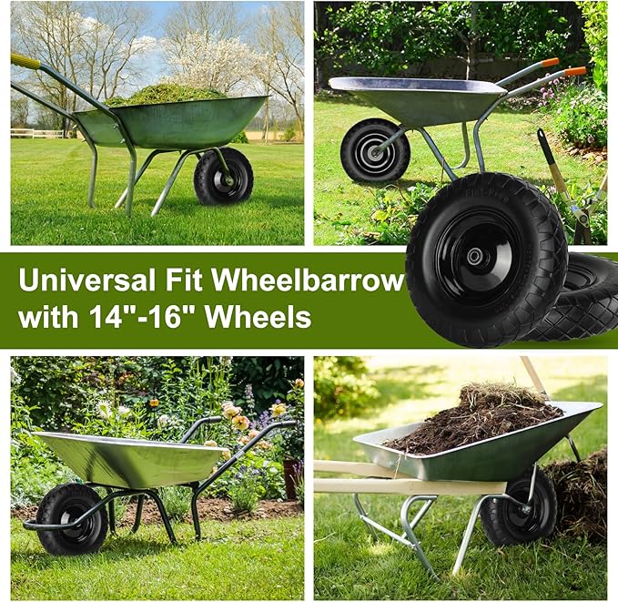 Upgraded 16" Flat Free Wheelbarrow Wheels and Tires, 4.80/4.00-8 Solid Tires with 5/8" & 3/4" Bearings,14"-16" Universal Fit Wheelbarrow Wheels for Wheelbarrows/Garden Trailer