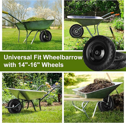 Upgraded 16" Flat Free Wheelbarrow Wheels and Tires, 4.80/4.00-8 Solid Tires with 5/8" & 3/4" Bearings,14"-16" Universal Fit Wheelbarrow Wheels for Wheelbarrows/Garden Trailer