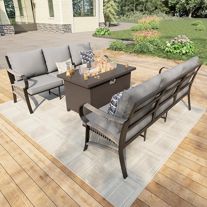 3 Pieces Patio Conversation Sets, All Weather Metal Outdoor Furniture Set, 2 Three-Seater Sofas, 1 Fire Pit Table for Backyard Garden Deck Porch Poolside, Gray