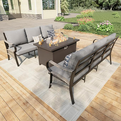 3 Pieces Patio Conversation Sets, All Weather Metal Outdoor Furniture Set, 2 Three-Seater Sofas, 1 Fire Pit Table for Backyard Garden Deck Porch Poolside, Gray