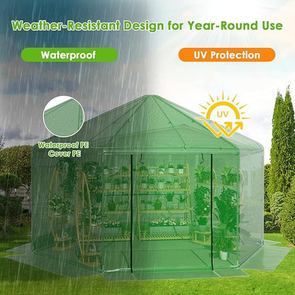 MU 13.4x13.4x8.8 FT Greenhouses for Outdoors, Heavy-Duty Green House for Outside, Walk in Winter Greenhouse with 180g Double Layer PE Cover, Ground Stakes, Great for Garden/Patio/Backyard