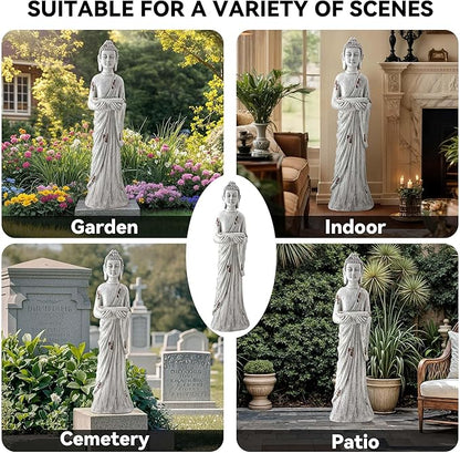 Zen Garden Asian Buddha Statue, 42.1" Large Outdoor Yard Sculpture,Durable Magnesium Oxide Stone Decor for Patio, Yard,Indoor Spaces, Antique White
