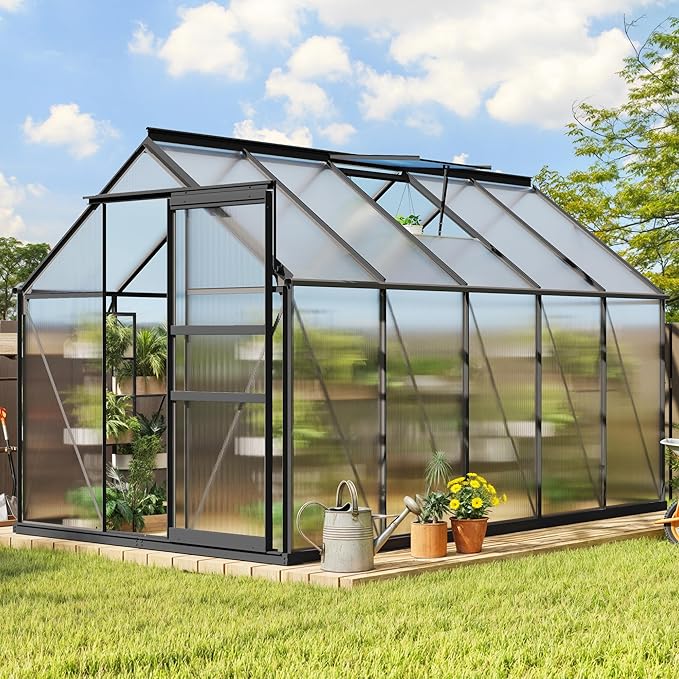 YITAHOME Polycarbonate 6X10FT Greenhouse Heavy Duty Green Houses Outdoor Greenhouses Aluminum Sliding Doors Vent Window for Garden Backyard, Black