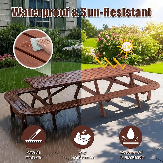 16-Person Picnic Table Set with Attached Benches & Umbrella Hole,Rectangle Brown Outdoor Wood Dining Table & Chairs for Patio Yard Garden Porch Deck