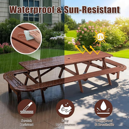 16-Person Picnic Table Set with Attached Benches & Umbrella Hole,Rectangle Brown Outdoor Wood Dining Table & Chairs for Patio Yard Garden Porch Deck