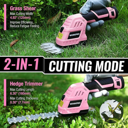 WORKPRO 12V Cordless Grass Shear & Shrubbery Trimmer - 2 in 1 Handheld Hedge Trimmer, Electric Bush Trimmer/Grass Cutter with 2.0Ah Rechargeable Lithium-Ion Battery &1 Hour Fast Charger, Pink Ribbon
