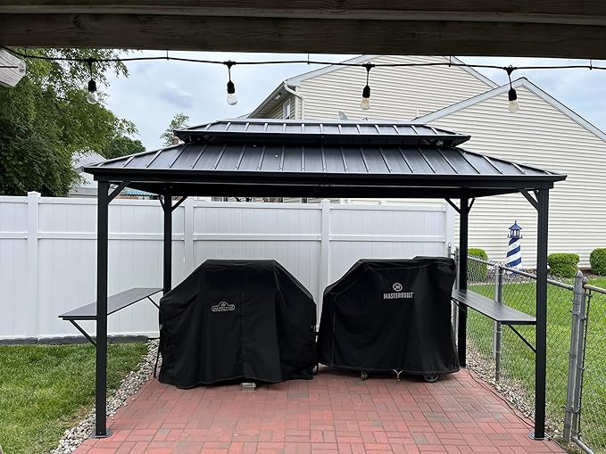 PURPLE LEAF 6.5' X 12' Hardtop Grill Gazebo for Patio Permanent Aluminum Barbeque Shelter with Ceiling Hook and Shelves Double Tiered Grey Outdoor BBQ Gazebo